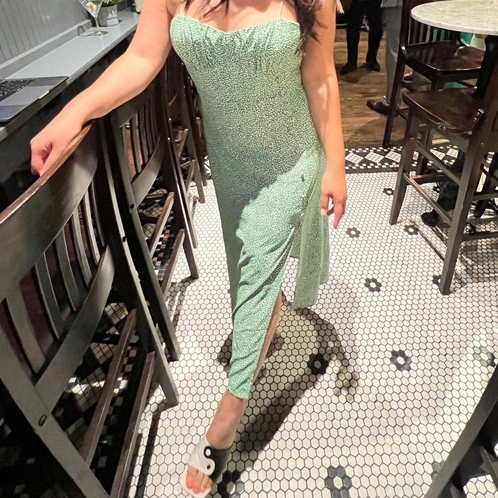 Zara green midi print dress with tie back and front slit Size L